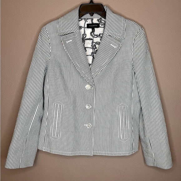 Talbots Women's Seersucker Cotton Blazer Jacket Size 14 Notch Lapel Striped - Picture 1 of 15